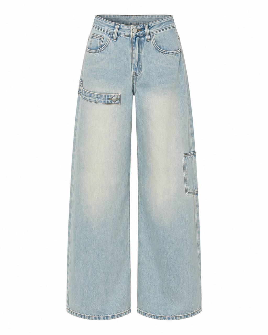 High-Rise Barrel-Leg Cargo Jeans in Light Blue — front