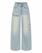 High-Rise Barrel-Leg Cargo Jeans in Light Blue — front
