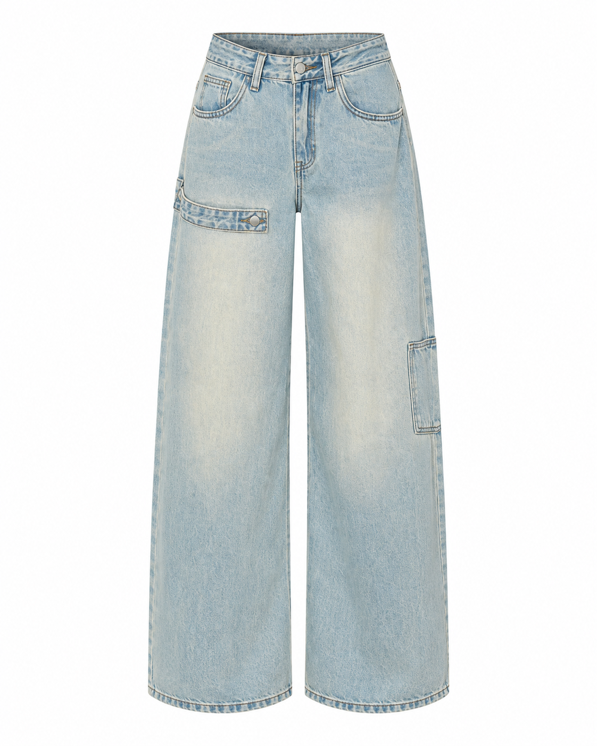 High-Rise Barrel-Leg Cargo Jeans in Light Blue — front