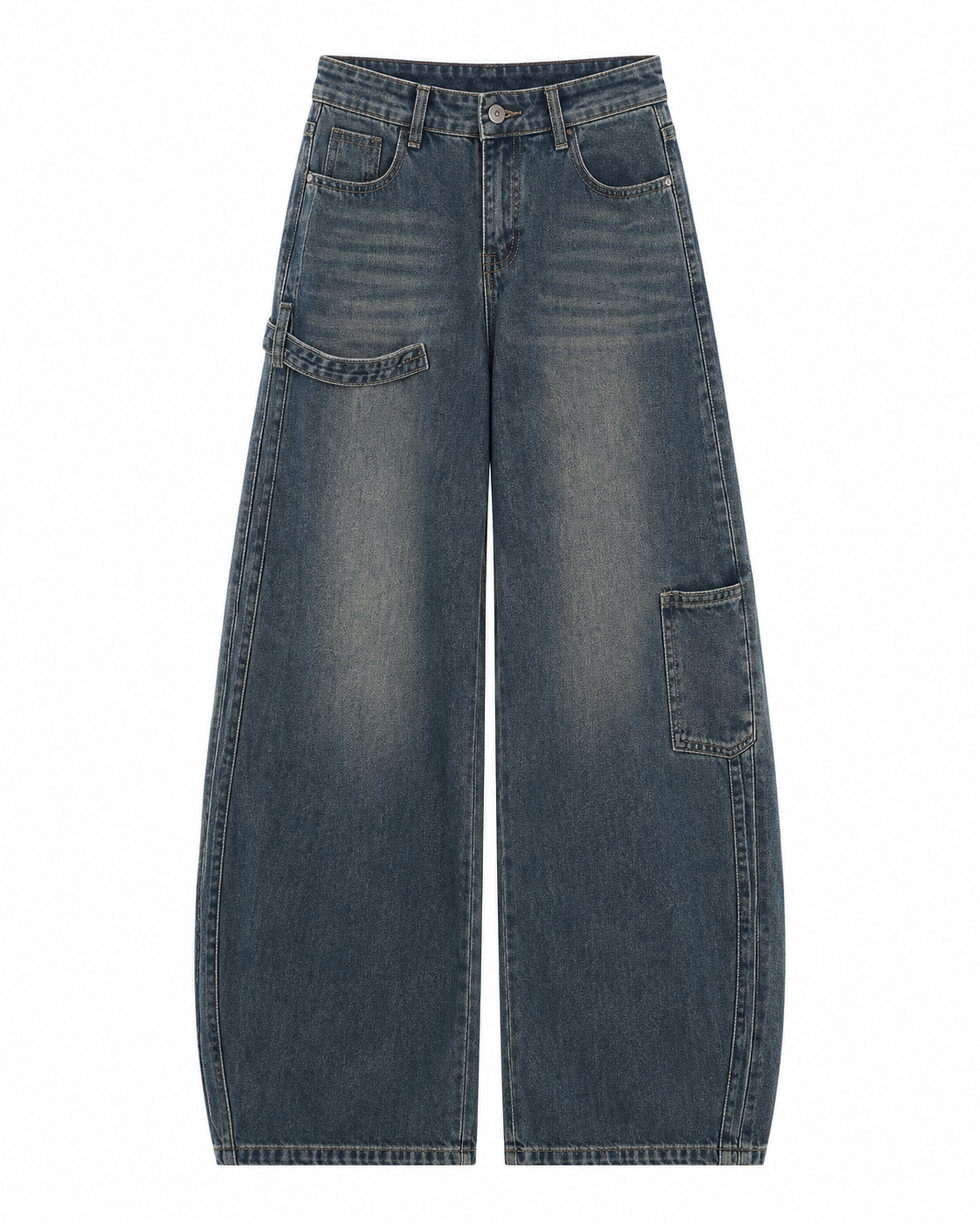 High-Rise Barrel-Leg Cargo Jeans in Vintage Blue — front