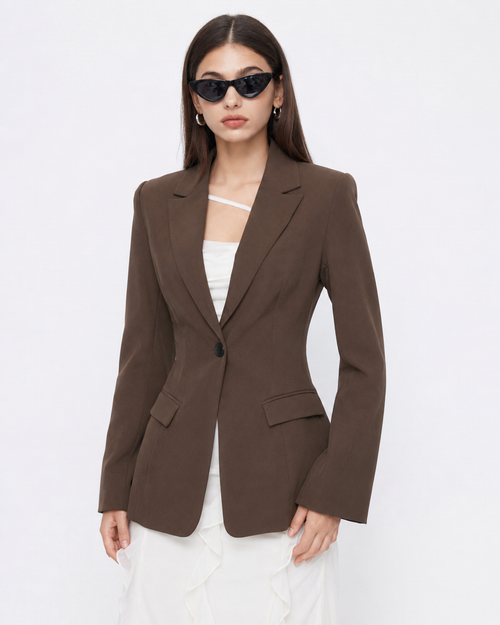 French-Inspired Lapel Blazer in Coffee Brown