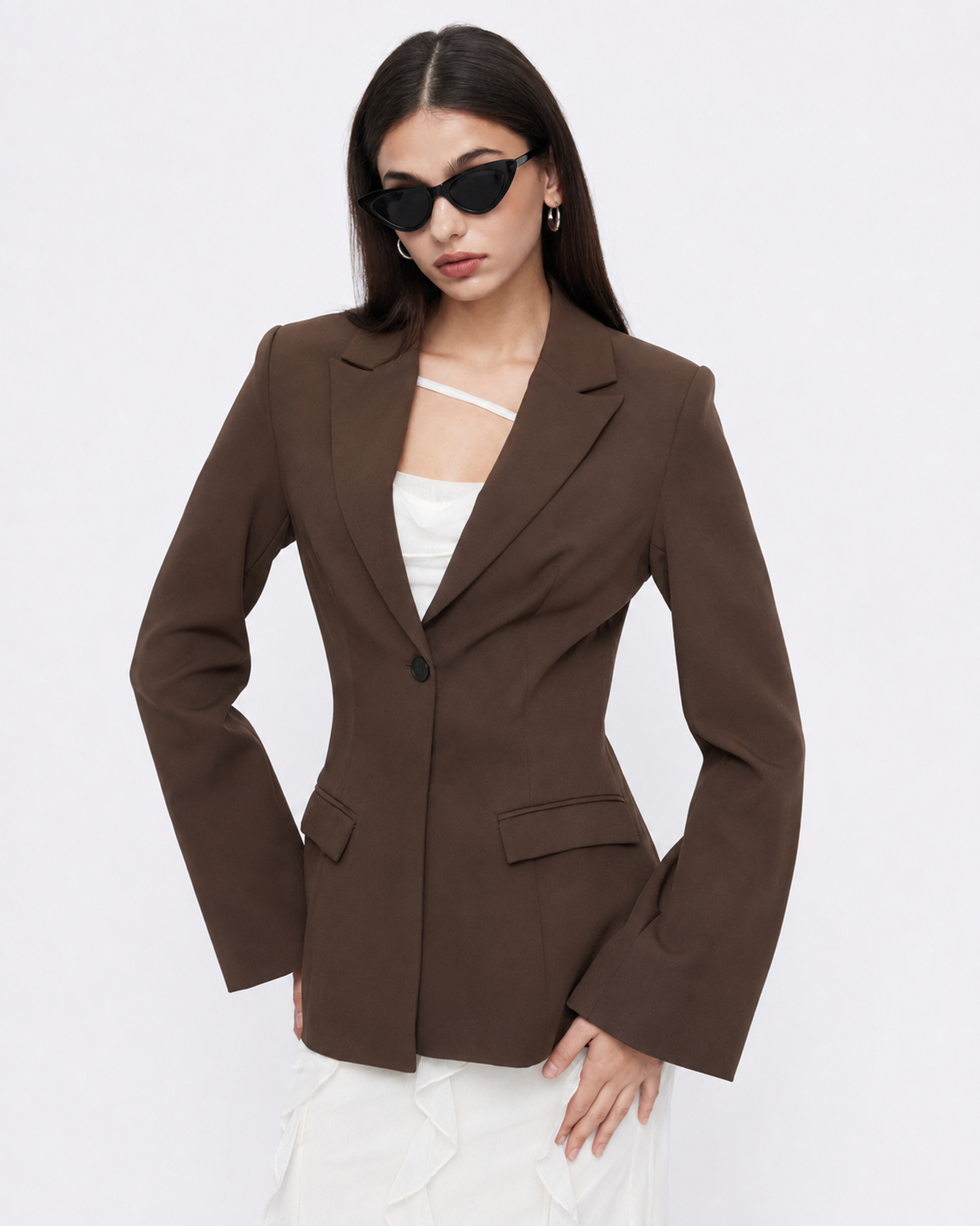 French-Inspired Lapel Blazer in Coffee Brown — front