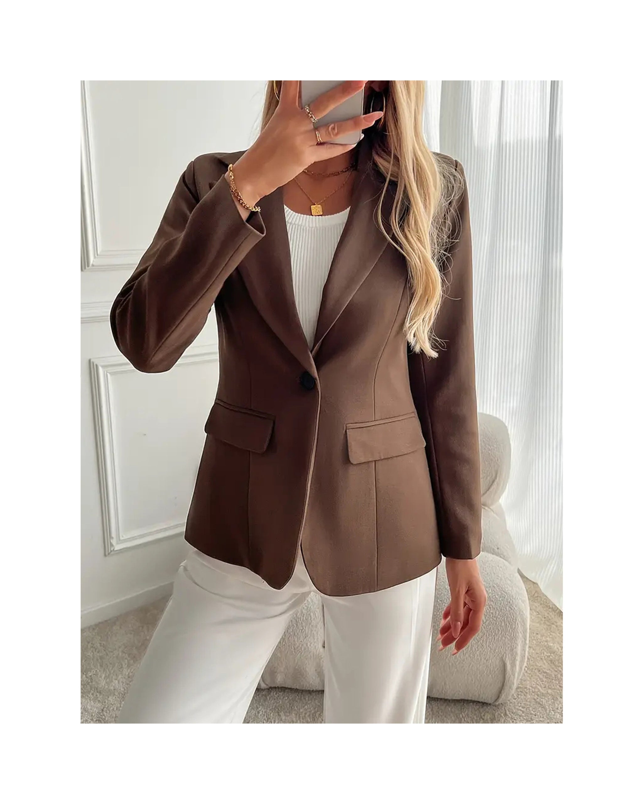 French-Inspired Lapel Blazer in Coffee Brown — gallery