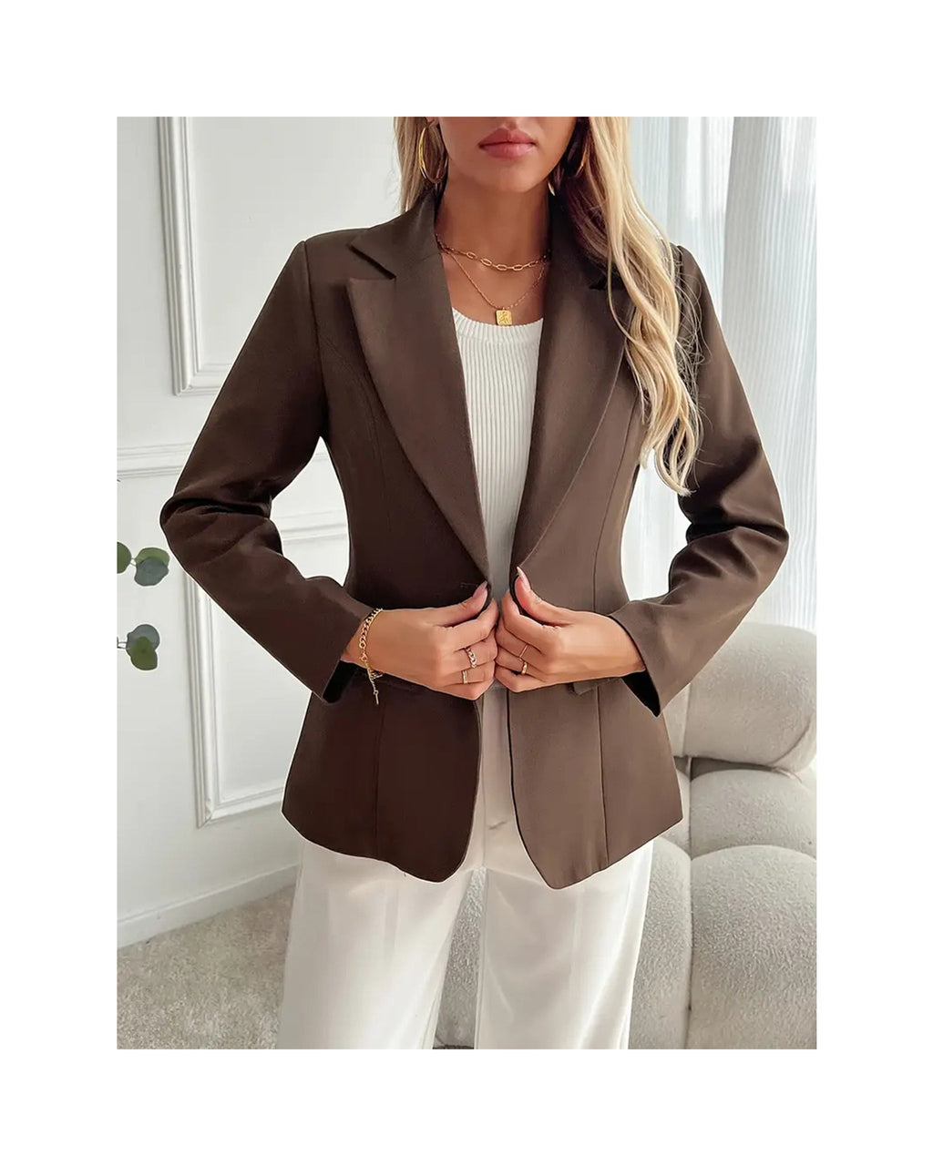 French-Inspired Lapel Blazer in Coffee Brown — gallery