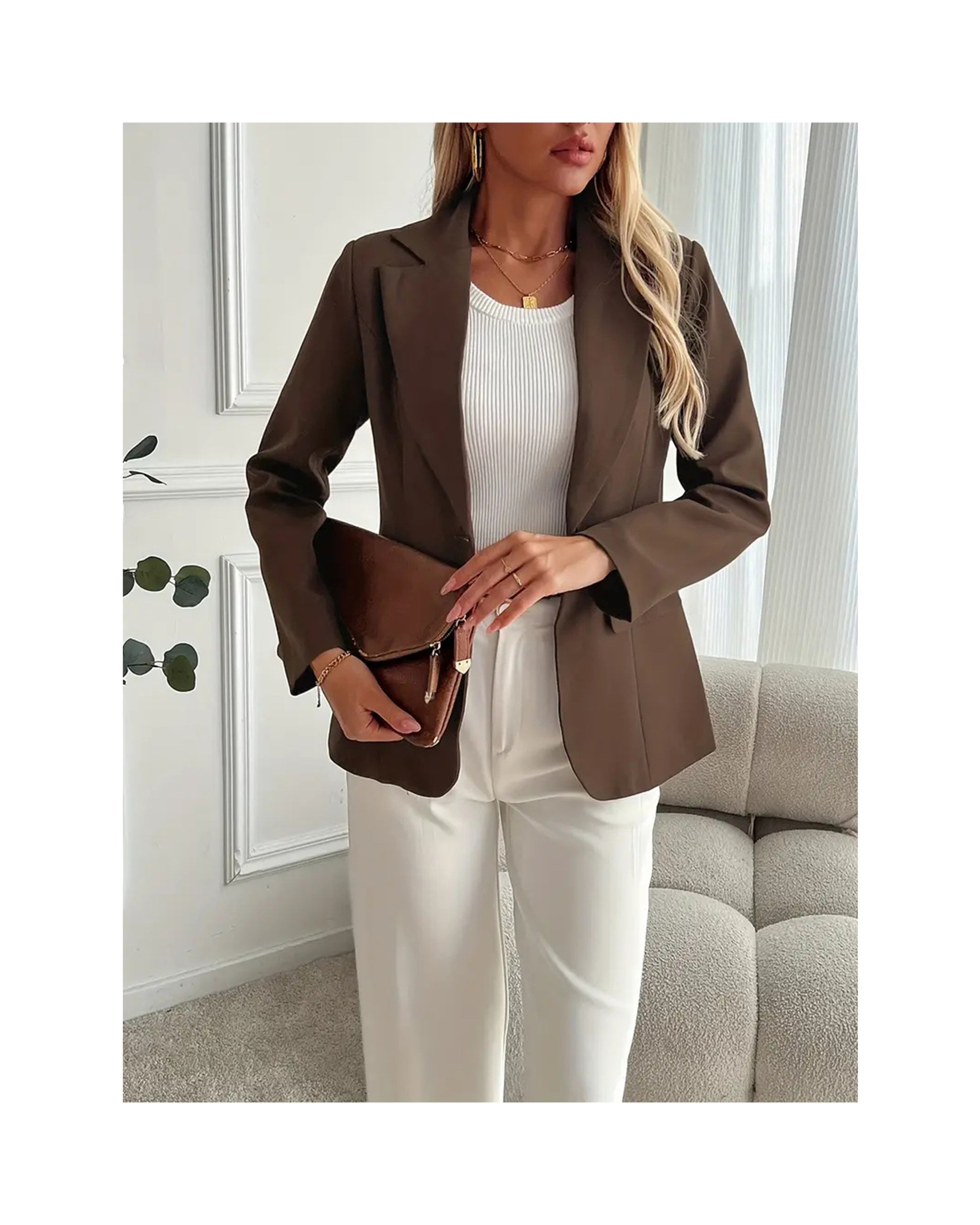French-Inspired Lapel Blazer in Coffee Brown — gallery