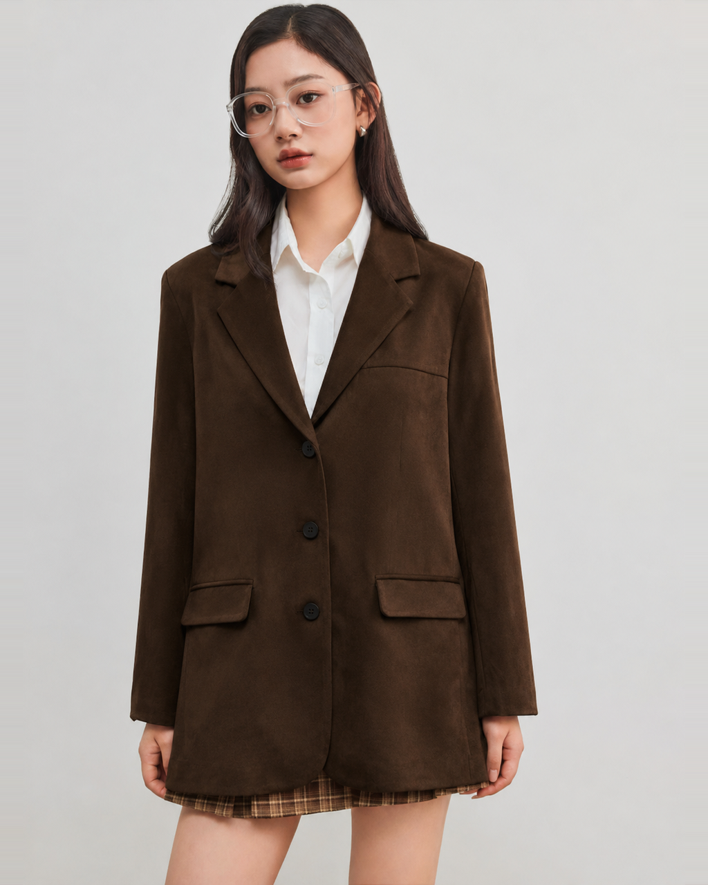 Vintage Single-Breasted Lapel Blazer in Coffee Brown — front