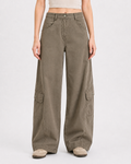 Washed Barrel-Leg Cargo Pants in Gray Green