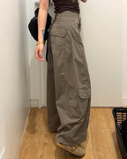 Washed Barrel-Leg Cargo Pants in Gray Green — back