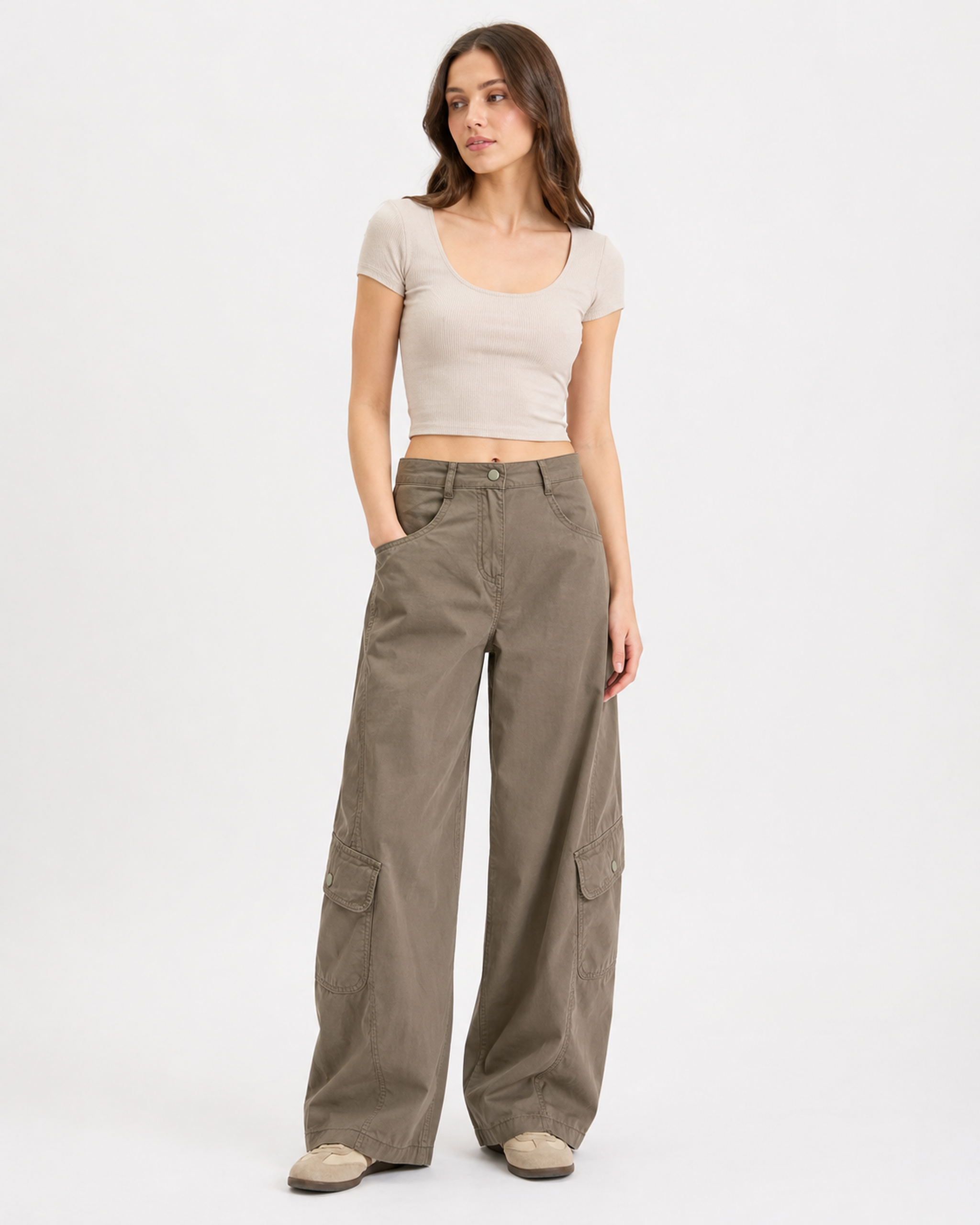 Washed Barrel-Leg Cargo Pants in Gray Green — front
