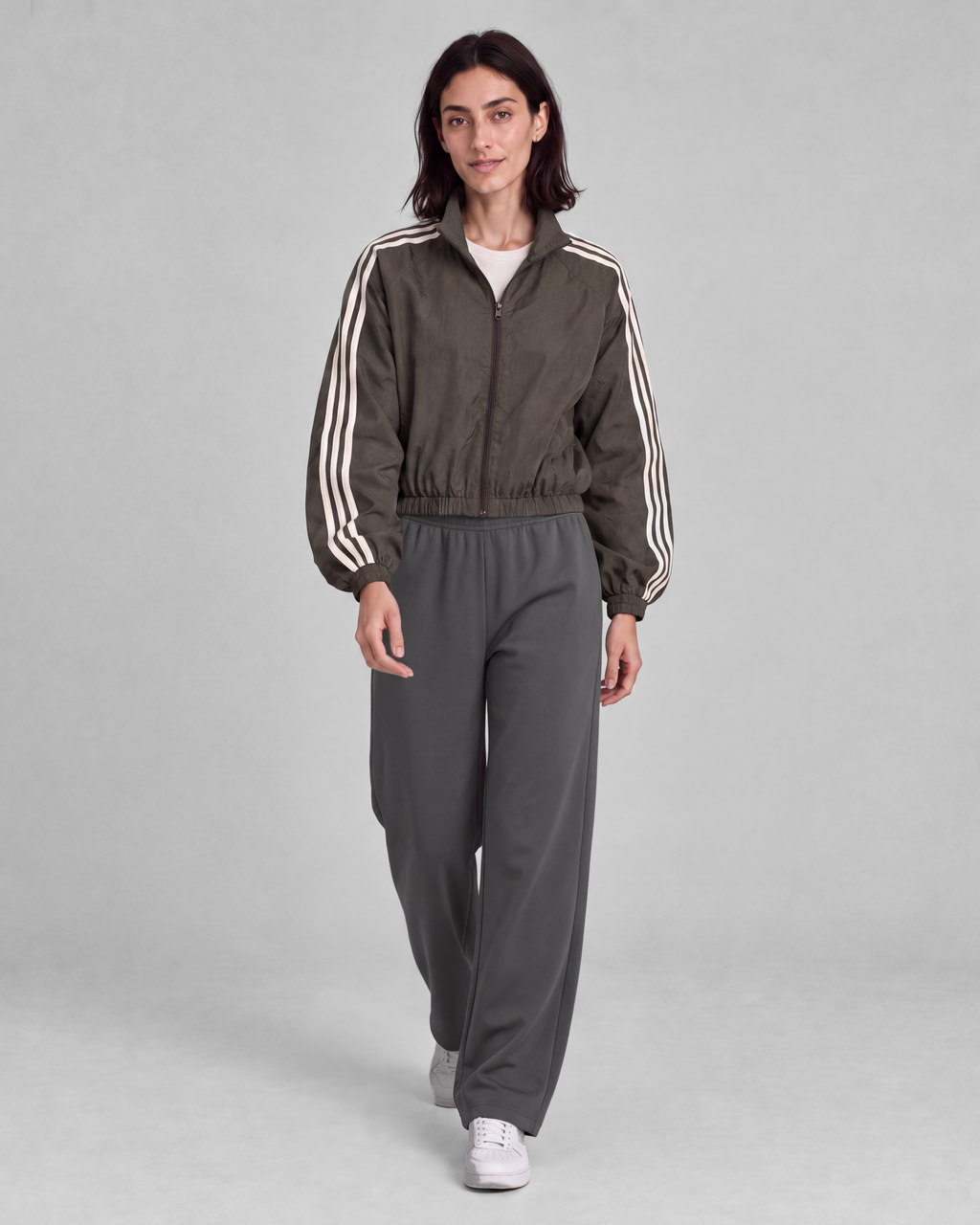 Dark olive-gray jacket, front full-length view on model