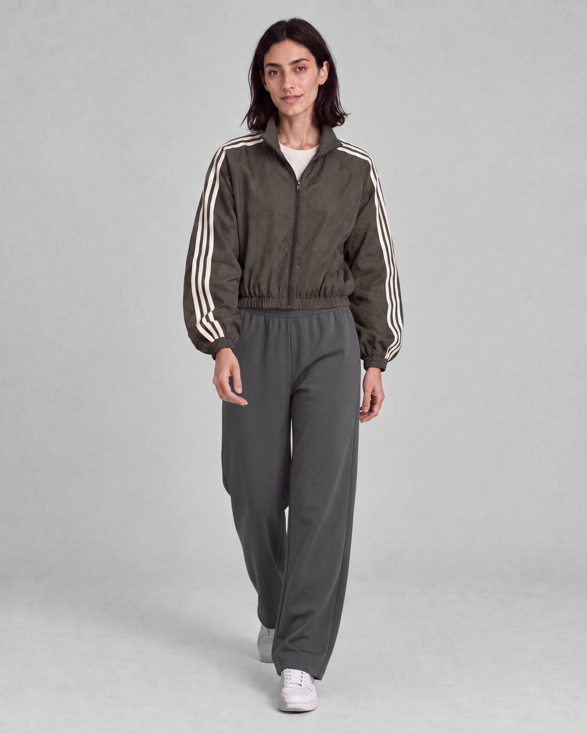 Dark olive-gray jacket, front full-length view on model