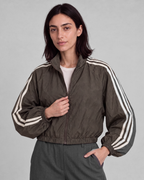 Dark olive-gray jacket, front view on model