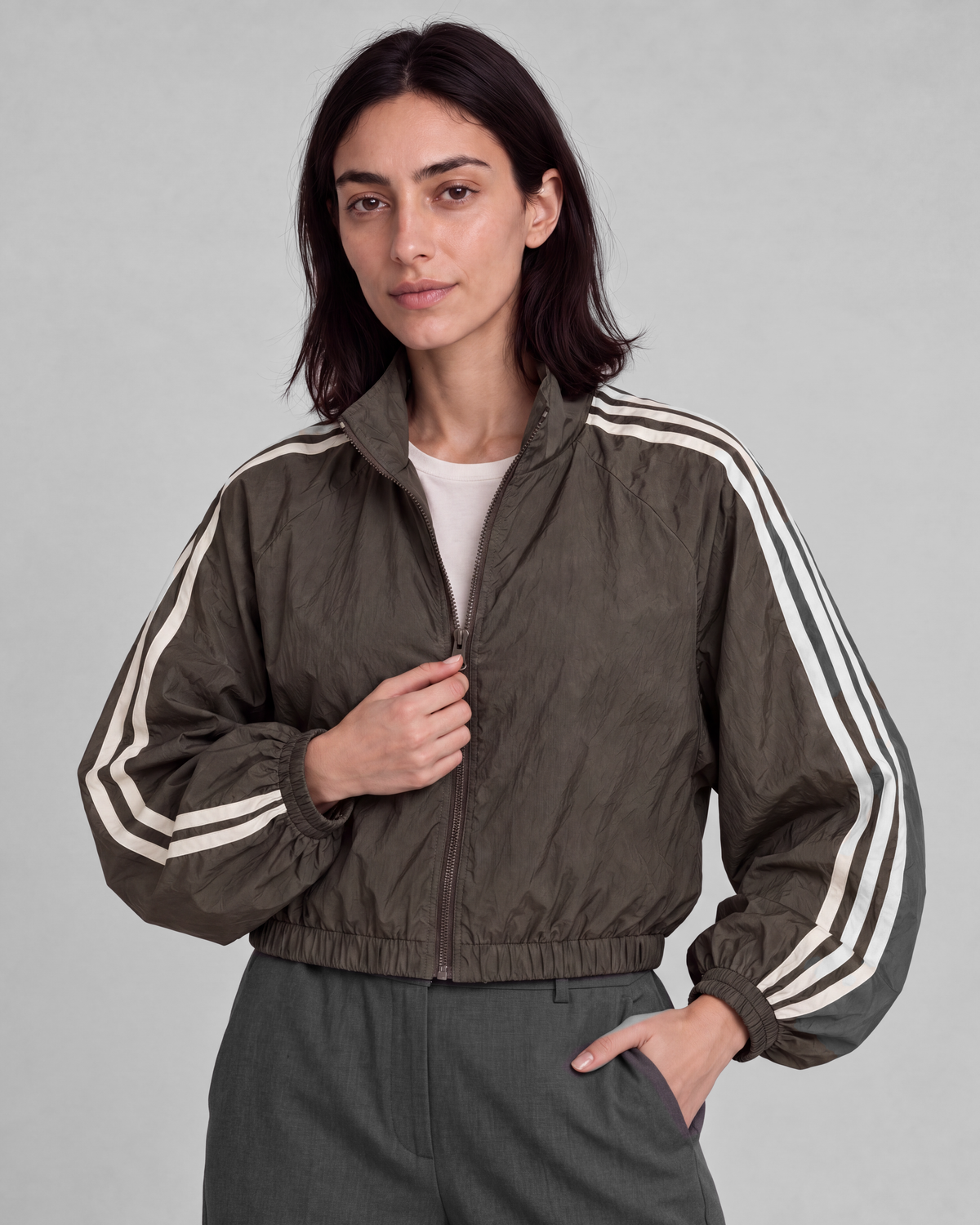 Dark olive-gray jacket, front view on model