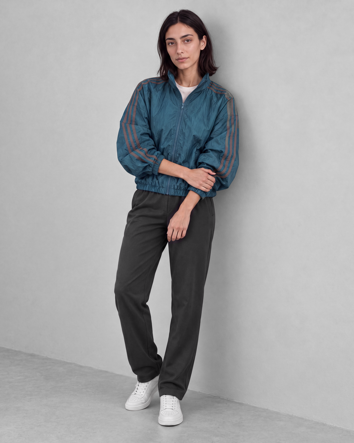 Deep teal jacket, front full-length view on model