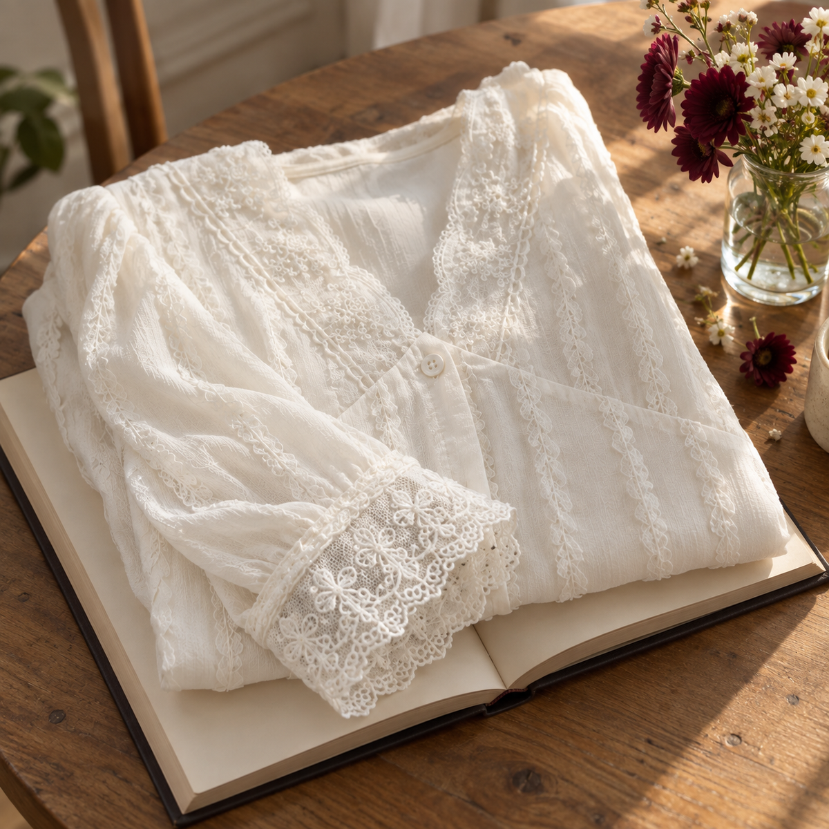 White lace-trim blouse folded over an open book beside small flowers.