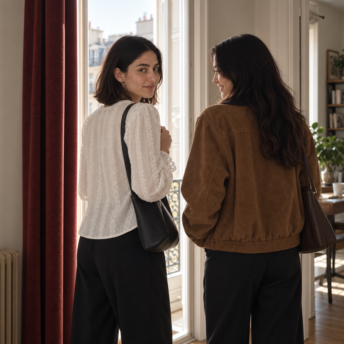Two women by a doorway in a white blouse and a brown cropped jacket.