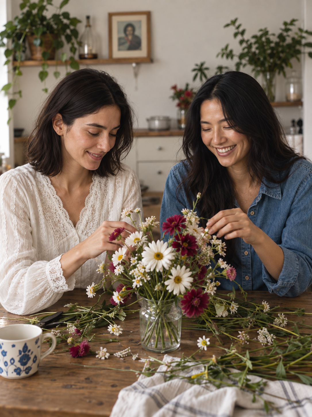 Two women arranging flowers, wearing a white lace-trim blouse and a blue denim shirt.