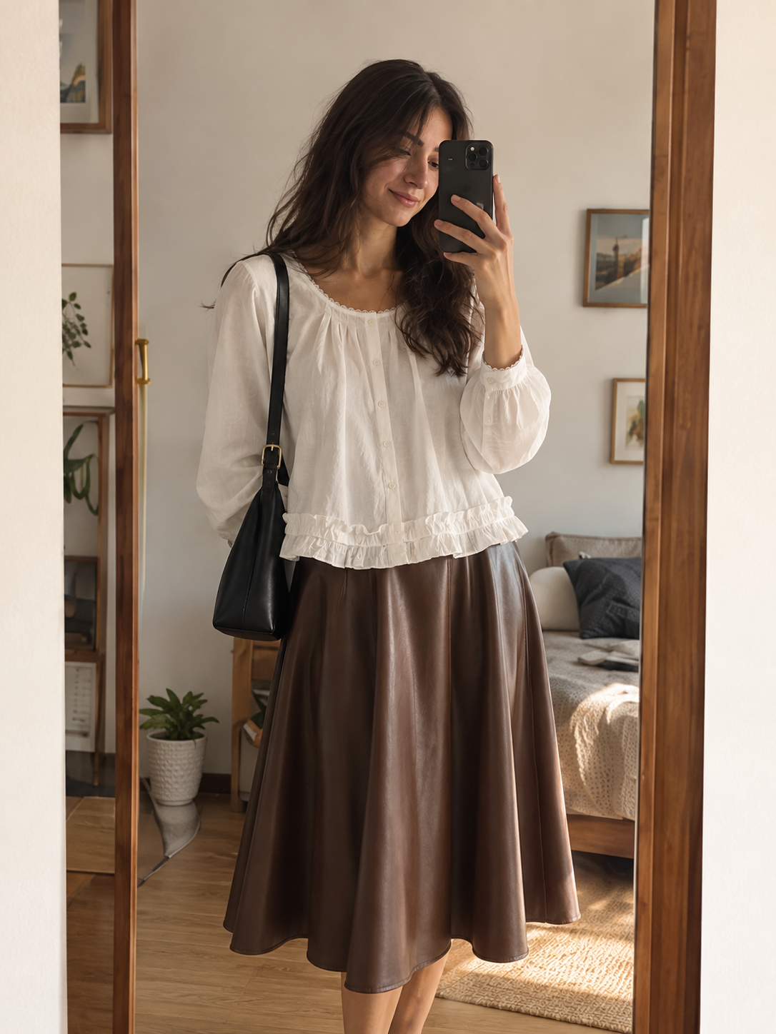 Mirror outfit photo of a white ruffled blouse and a coffee-brown midi skirt.