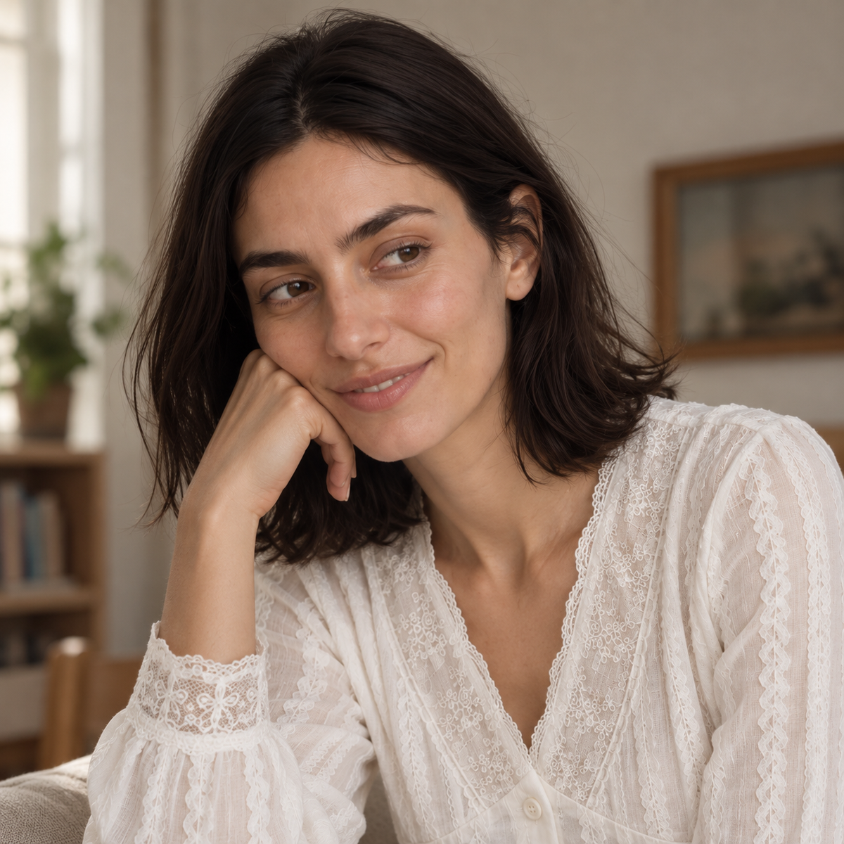 Woman with a dark bob smiling in a white V-neck blouse.