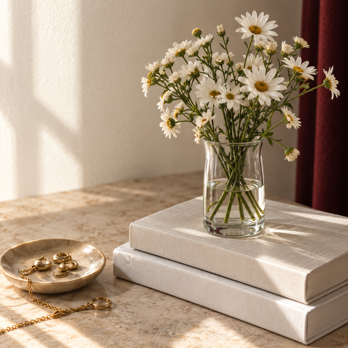 White daisies in a glass vase beside books and a small jewelry dish.