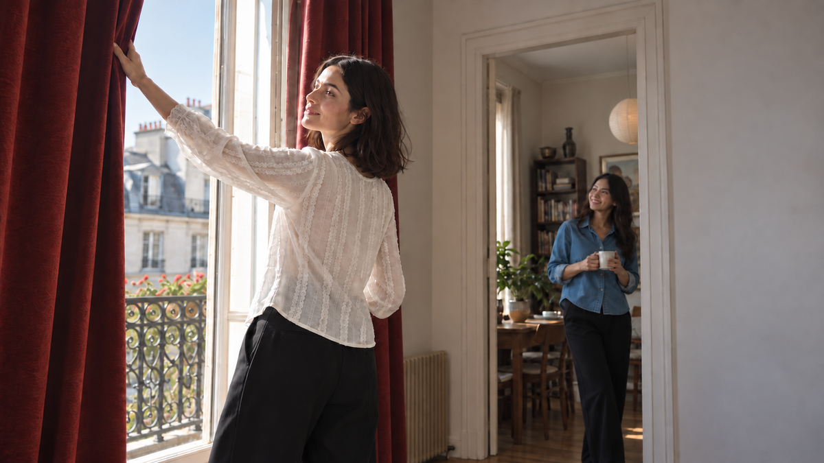 Woman in a white blouse opening burgundy curtains, with a friend in the doorway.