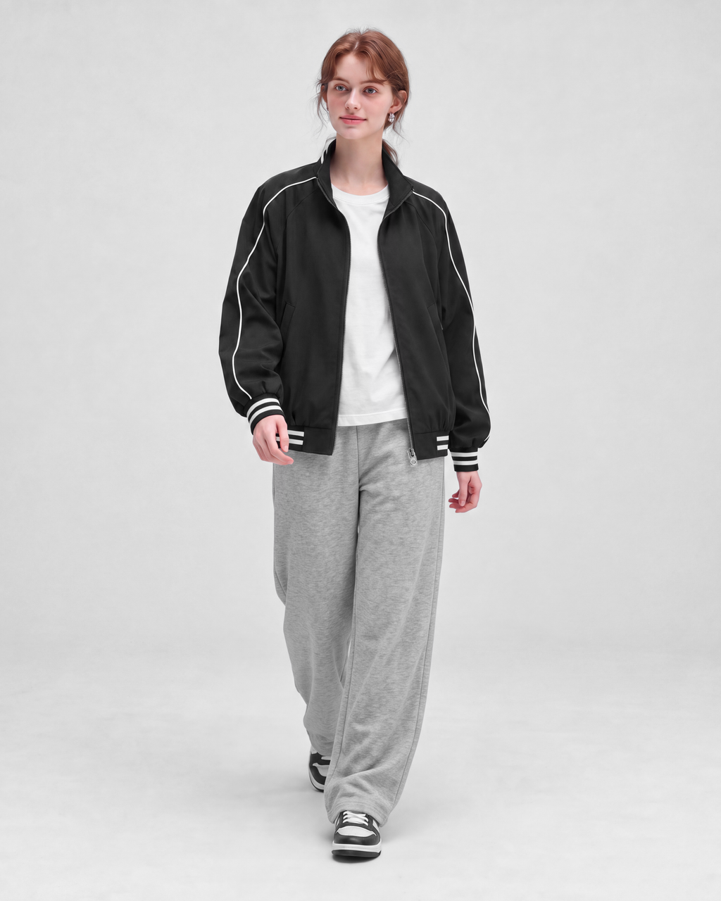Black jacket, front full-length view on model