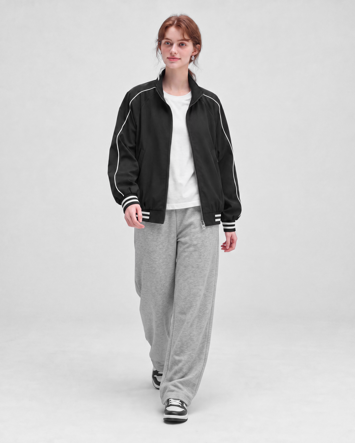 Black jacket, front full-length view on model