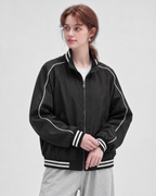 Black jacket, front view on model