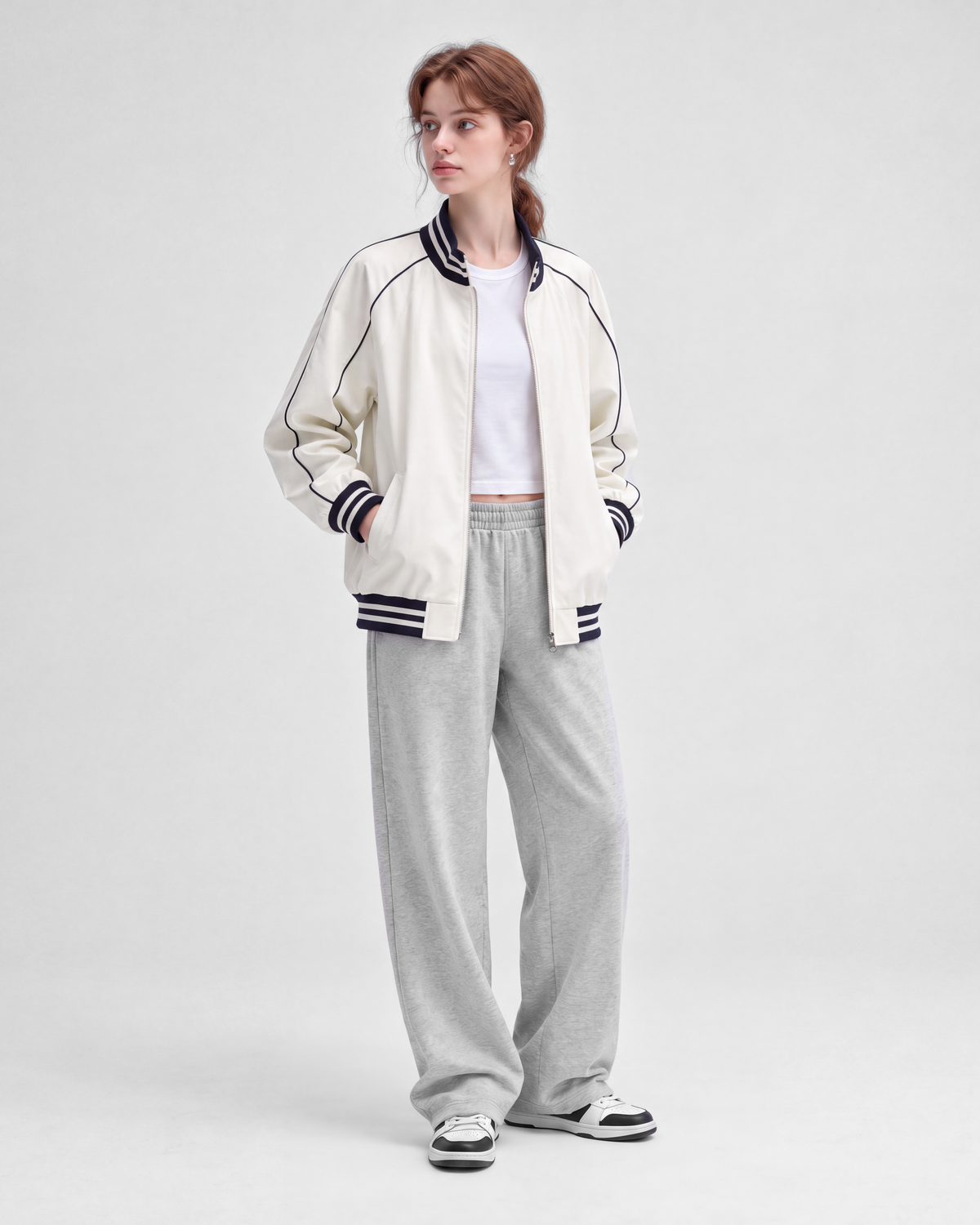 Off-white jacket, front full-length view on model