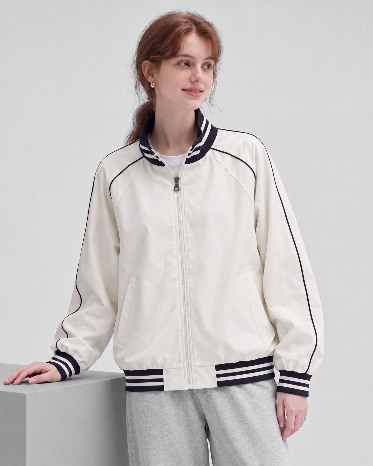 Off-white jacket, front view on model