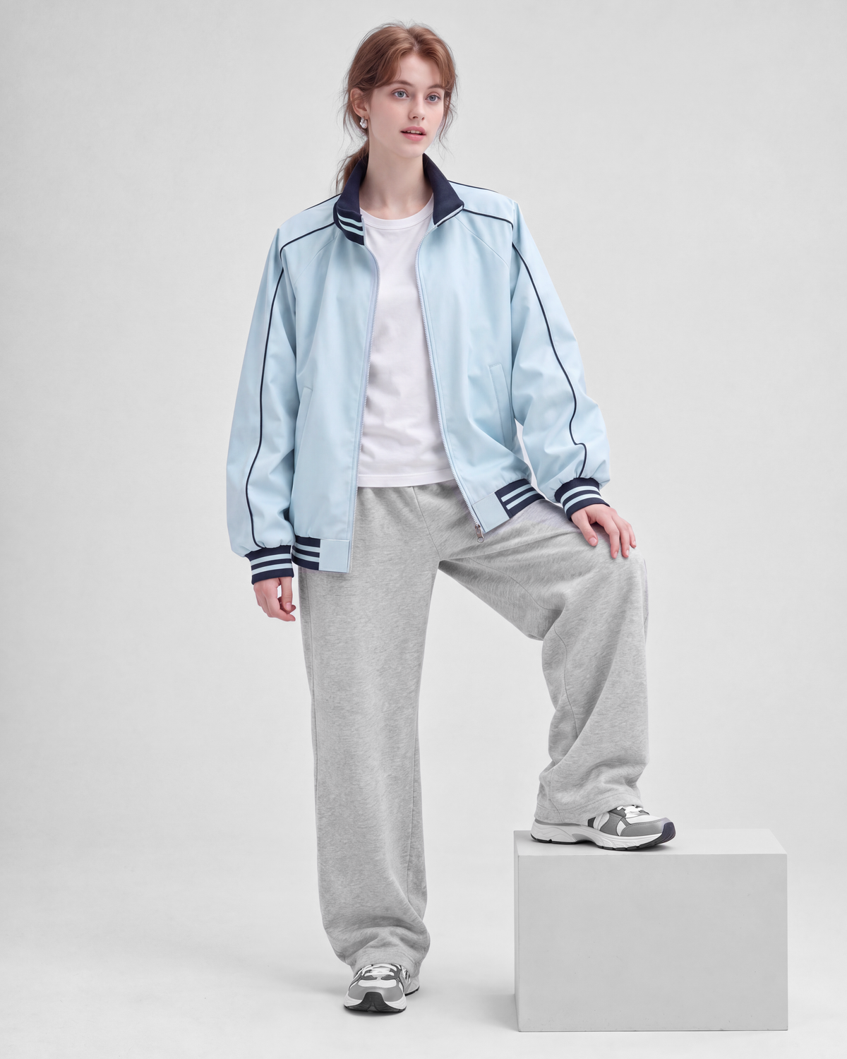 Light blue jacket, front full-length view on model