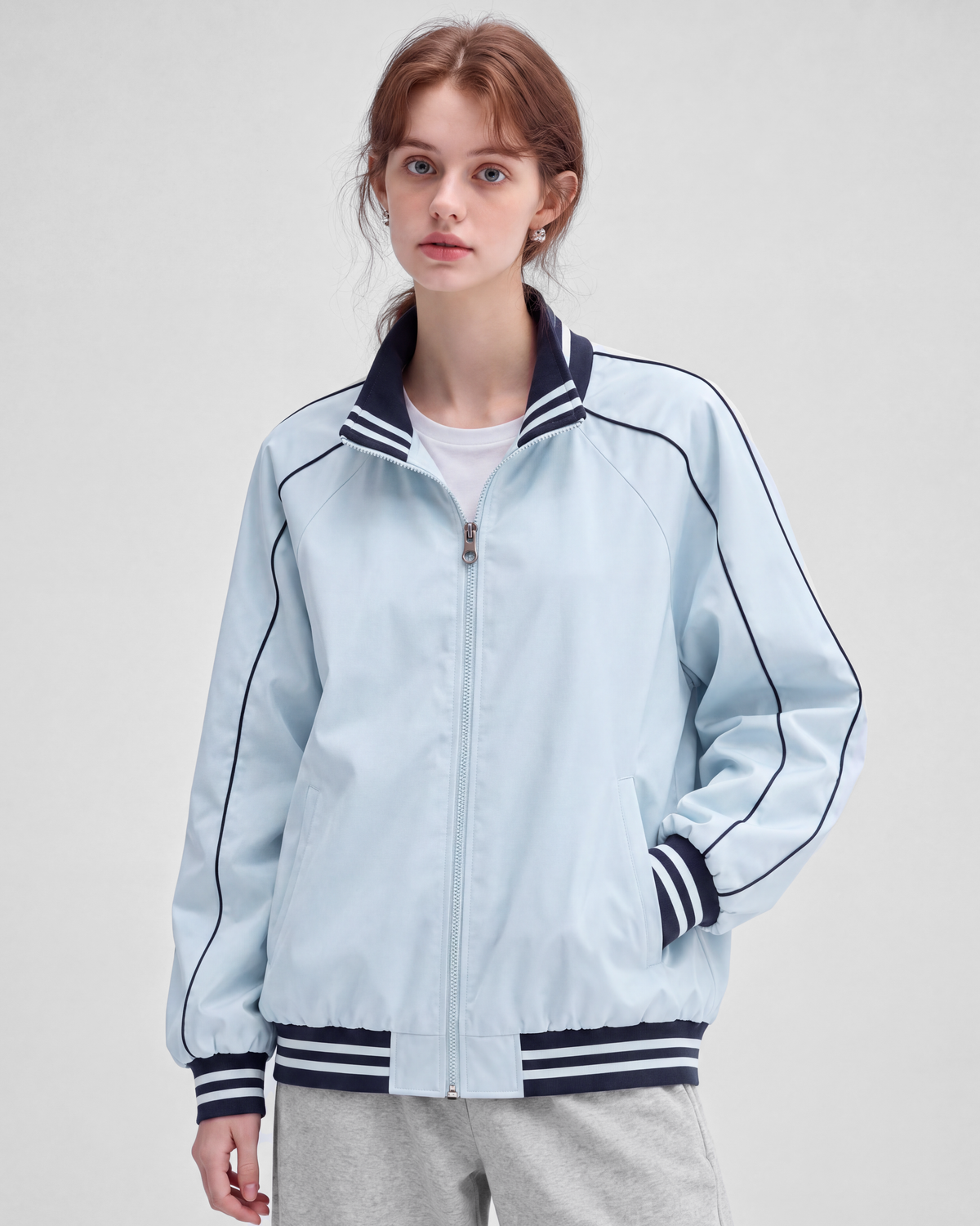 Light blue jacket, front view on model