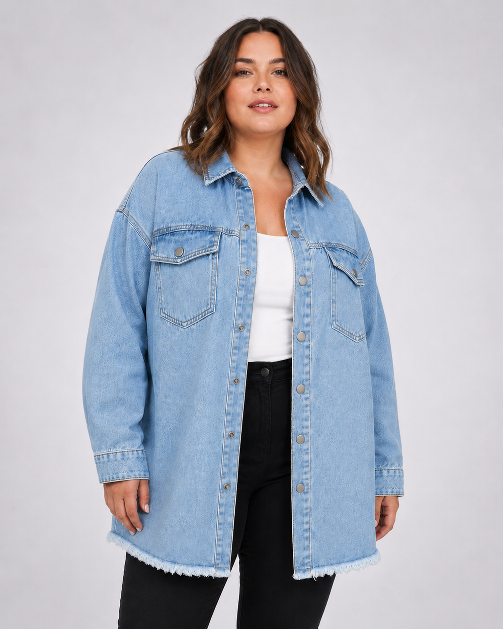 Model wearing an Aylora light blue denim jacket