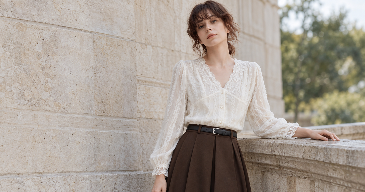 White lace blouse and coffee-brown pleated skirt, photographed beside a pale stone parapet