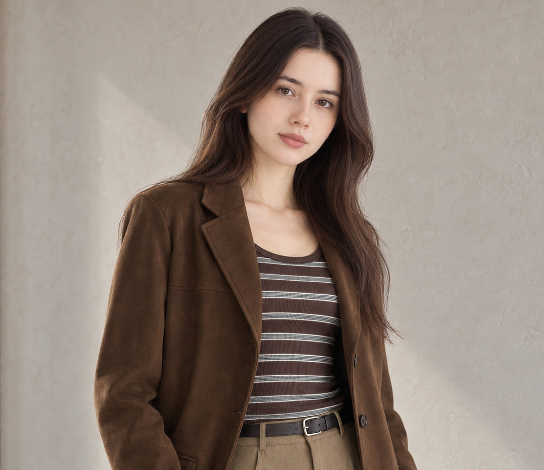 Coffee-brown blazer over a striped top with khaki trousers, photographed against pale plaster