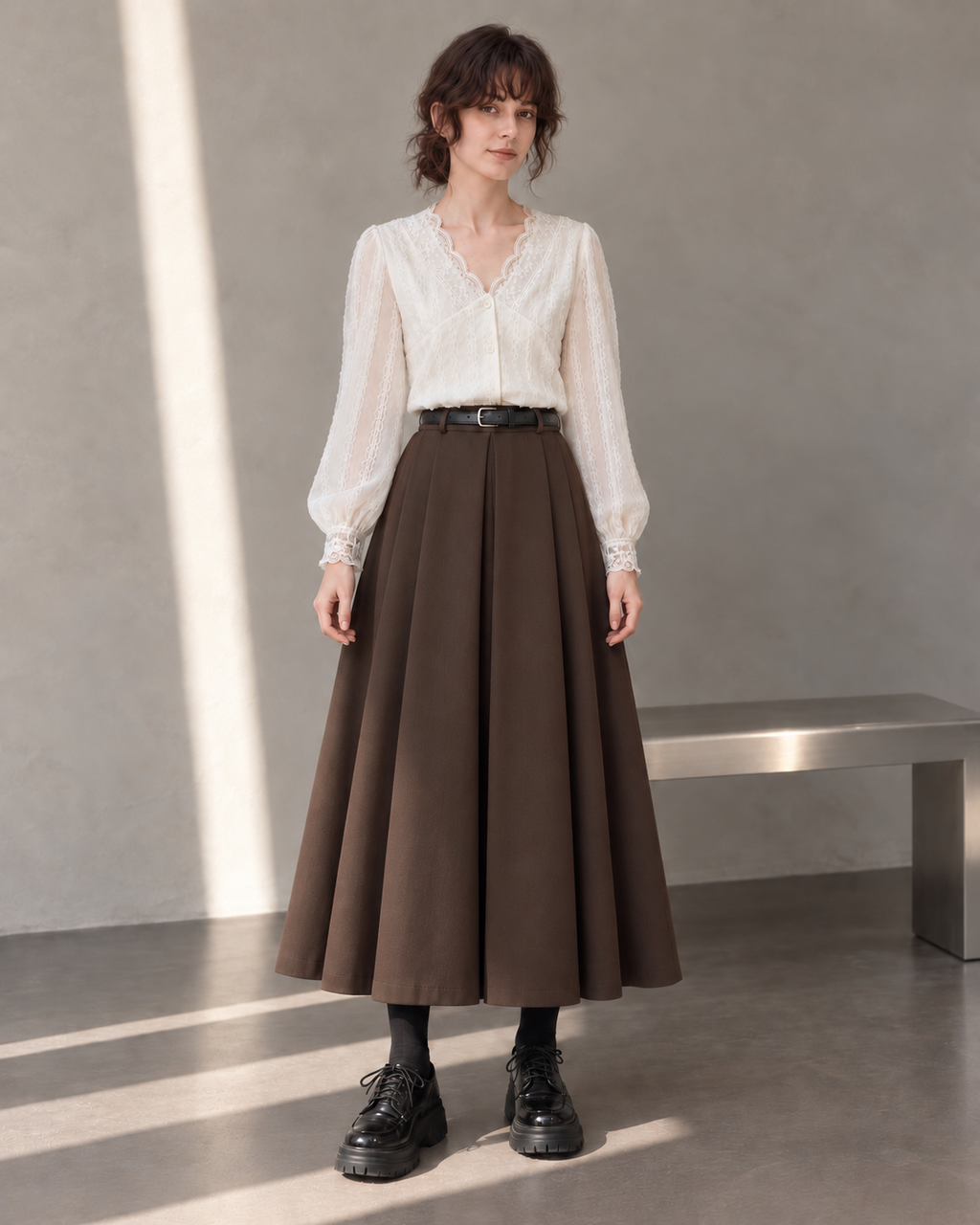 Workday Edit Look 01 – ivory lace-trim V-neck blouse 3244 and Coffee Brown pleated midi skirt 8252, full outfit front.