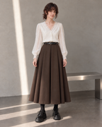 Workday Edit Look 01 – ivory lace-trim V-neck blouse 3244 and Coffee Brown pleated midi skirt 8252, full outfit front.