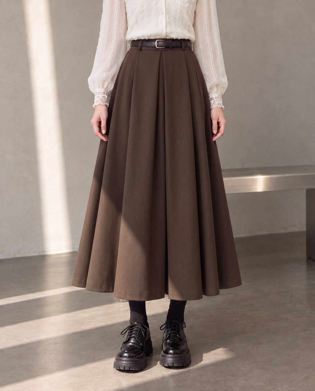 Workday Edit Look 01 – Coffee Brown pleated midi skirt 8252, lower-body front showing the waist, pleats and full skirt, styled with ivory blouse 3244.