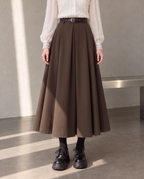 Workday Edit Look 01 – Coffee Brown pleated midi skirt 8252, lower-body front showing the waist, pleats and full skirt, styled with ivory blouse 3244.