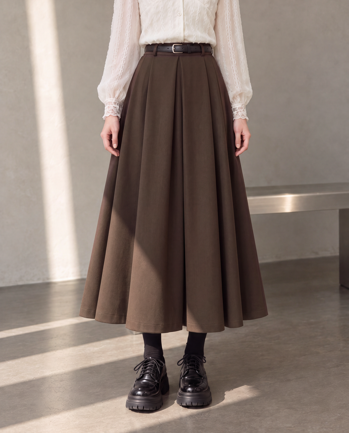 Workday Edit Look 01 – Coffee Brown pleated midi skirt 8252, lower-body front showing the waist, pleats and full skirt, styled with ivory blouse 3244.