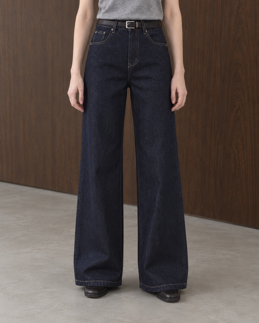 Workday Edit Look 02 – Raw Indigo high-rise wide-leg jeans 003754, lower-body front, styled with Gray sweater vest 92929.