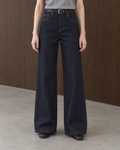 Workday Edit Look 02 – Raw Indigo high-rise wide-leg jeans 003754, lower-body front, styled with Gray sweater vest 92929.