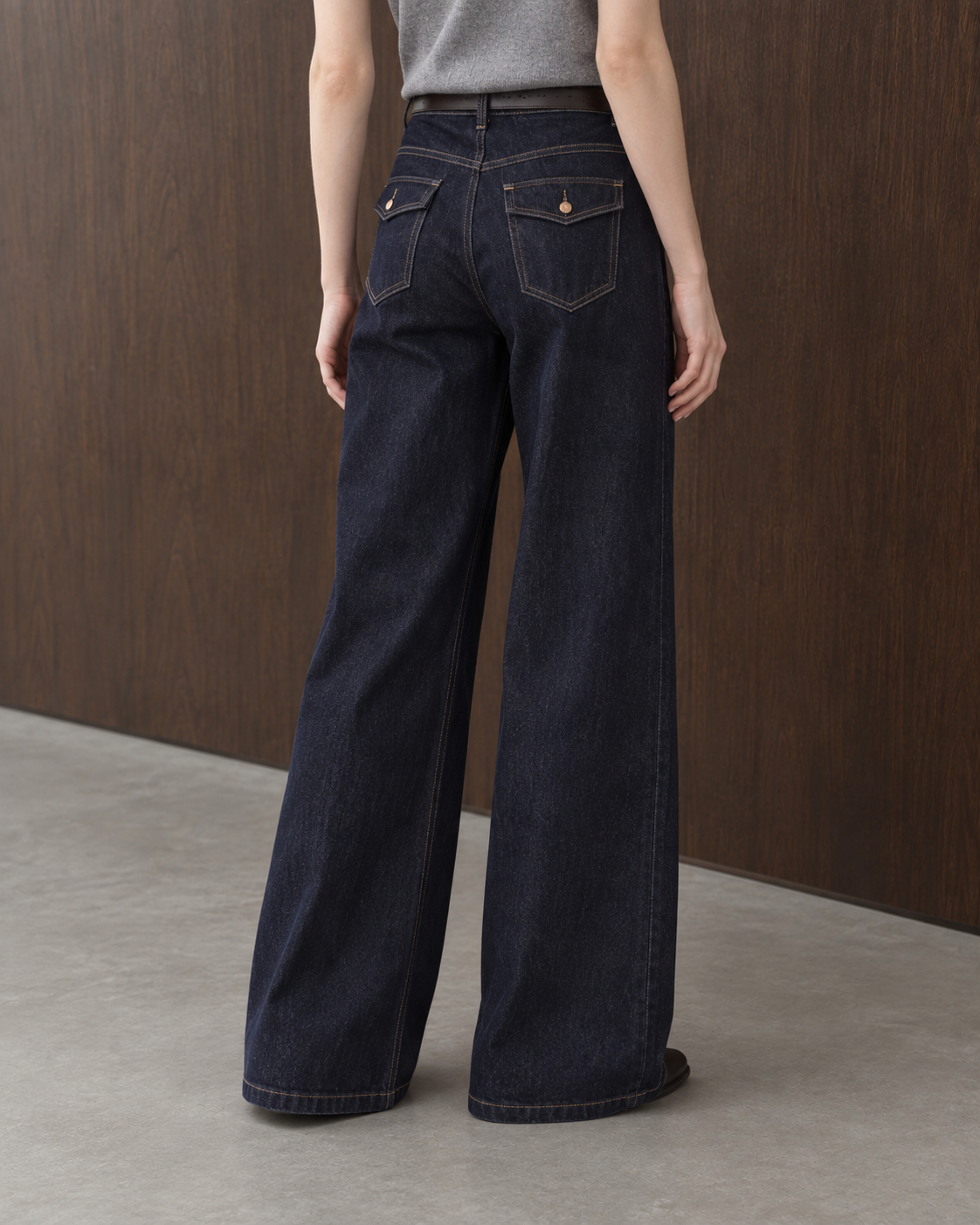 Workday Edit Look 02 – Raw Indigo high-rise wide-leg jeans 003754, lower-body rear three-quarter view, styled with Gray sweater vest 92929.