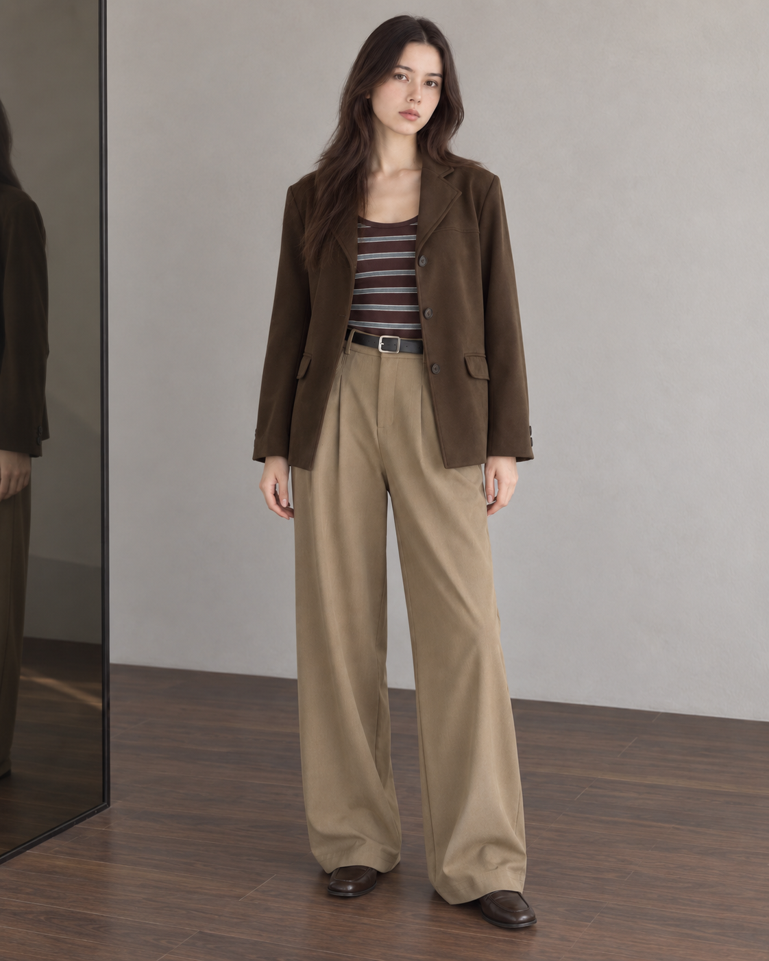 Workday Edit Look 03 – Coffee Brown blazer 3200, Brown Stripe tee ud021 and Khaki wide-leg trousers 5239, full outfit front.