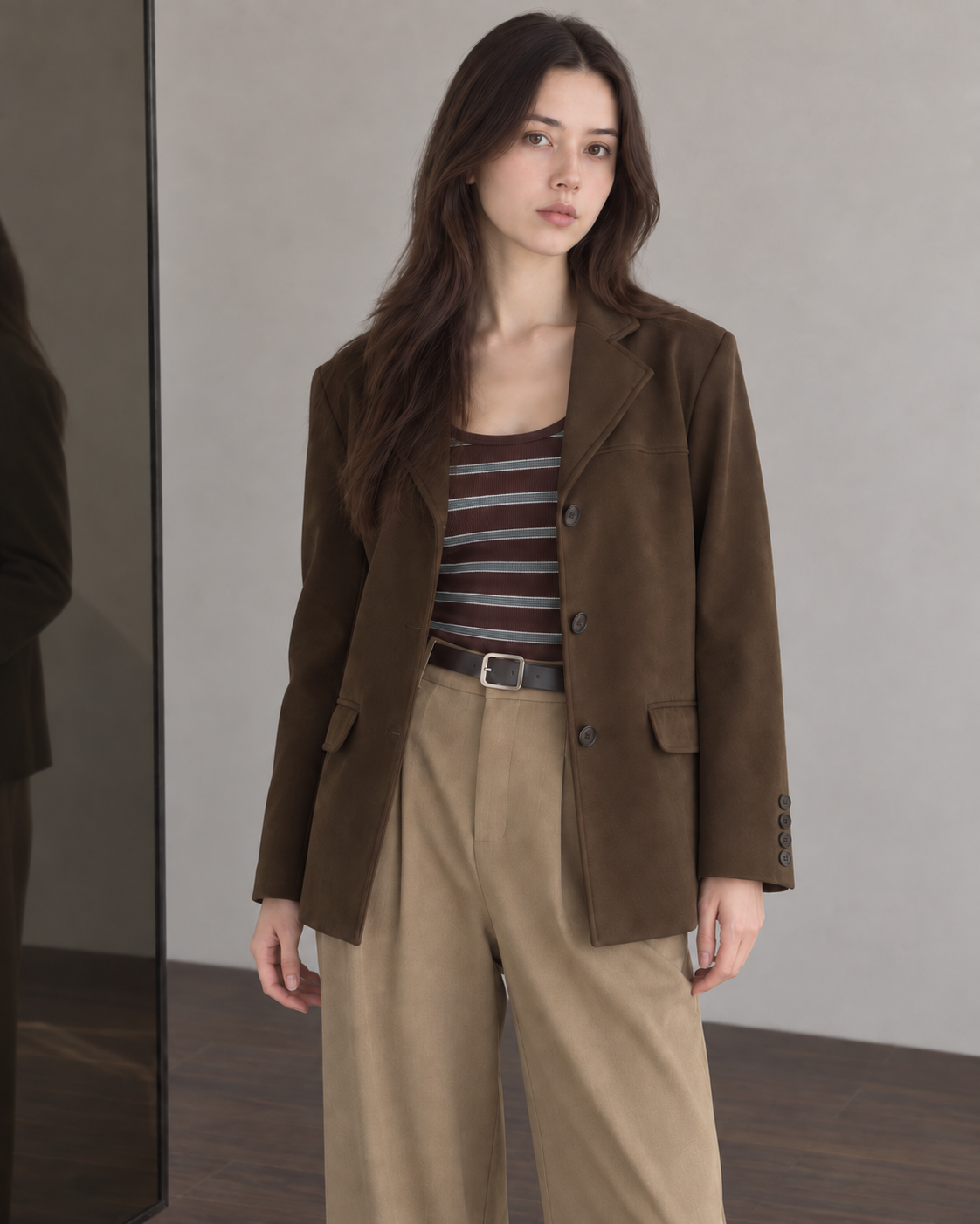 Workday Edit Look 03 – Coffee Brown single-breasted lapel blazer 3200, upper-body front, styled with striped tee and Khaki trousers.