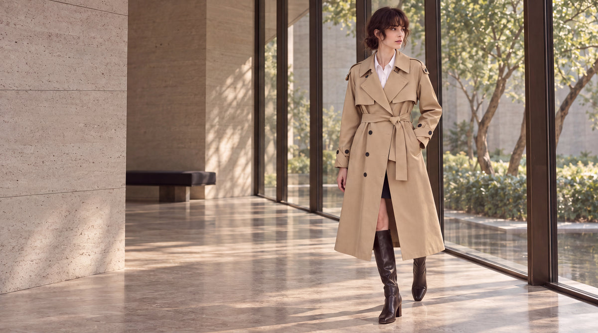 A woman in a belted khaki trench coat pauses beside a sunlit museum courtyard.