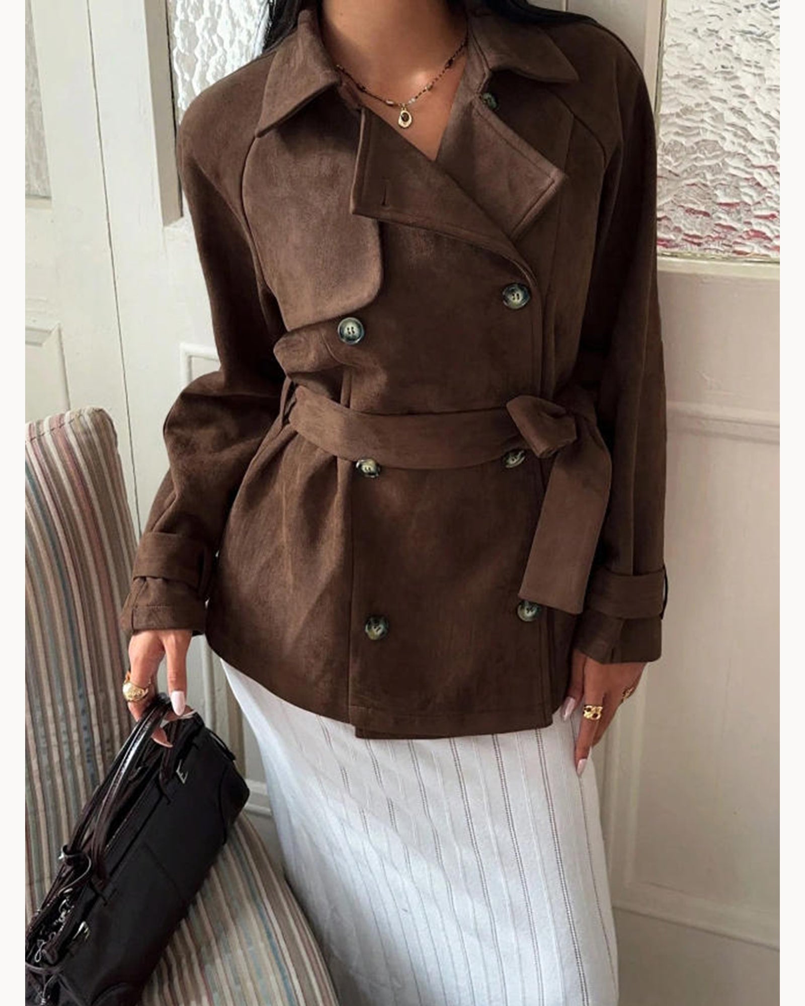 Brown Belted Brown Trench Jacket – detail view