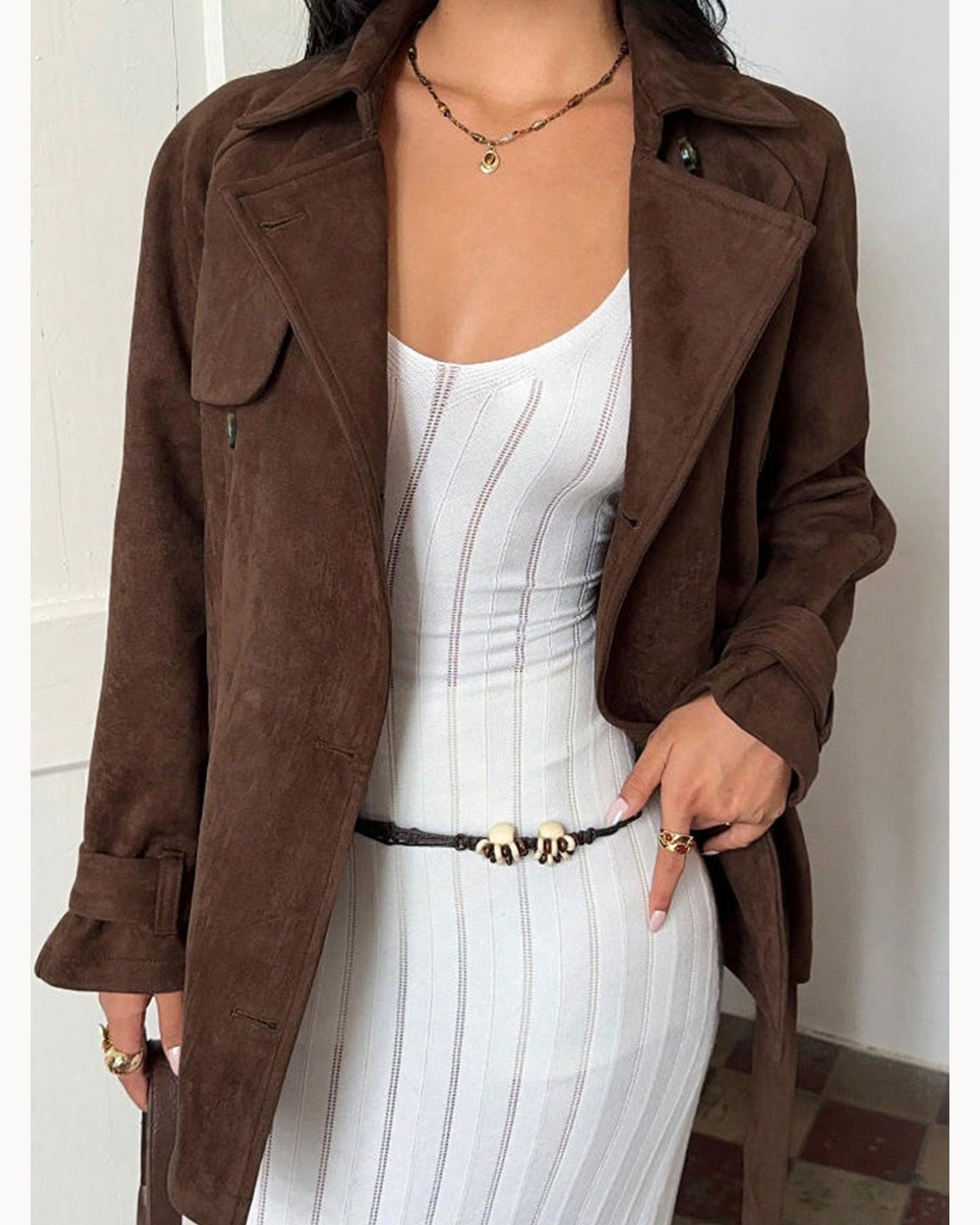 Brown Belted Brown Trench Jacket – detail view