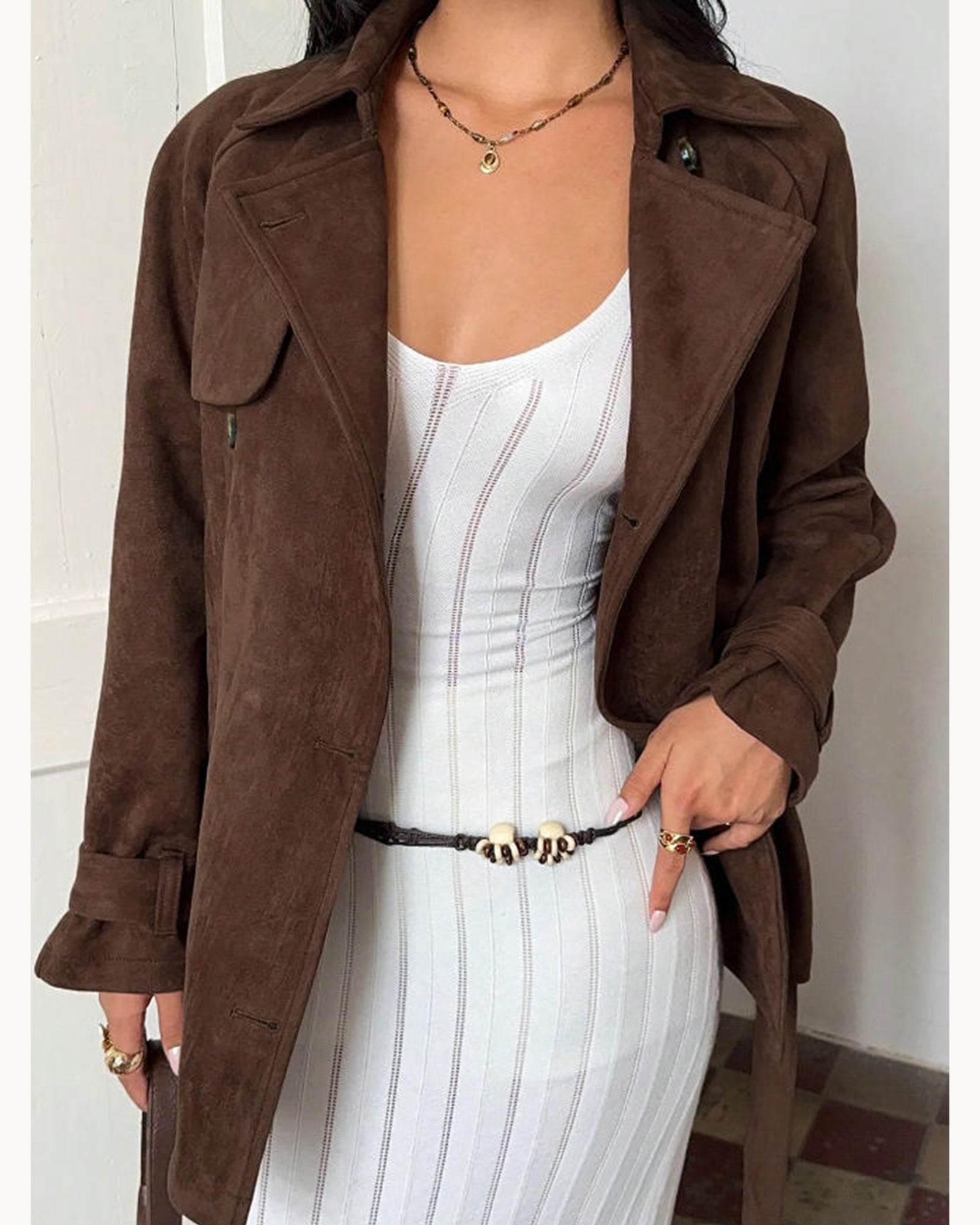 Brown Belted Brown Trench Jacket – detail view
