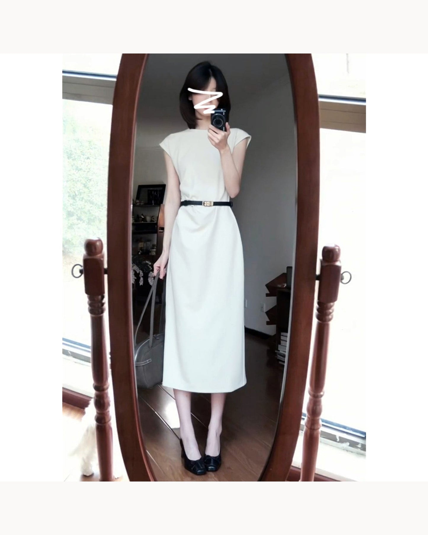 Cream with Belt Belted Polka Dot Midi Dress – alternate view 1